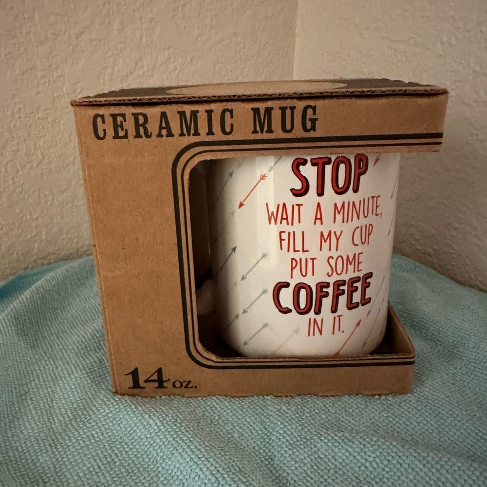 NIB Ceramic Coffee Mug with Red Text